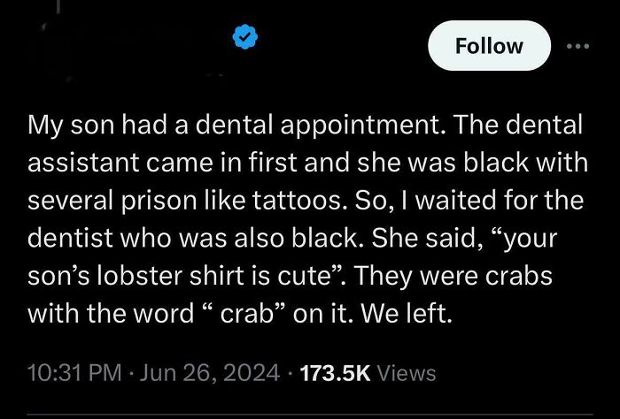 Screenshot of a tweet sharing an outrageous lie about a dental appointment with humorous details.