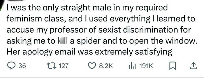 Screenshot of a social media post showing an outrageous lie people tried to pass off as real, related to sexism and feminism.