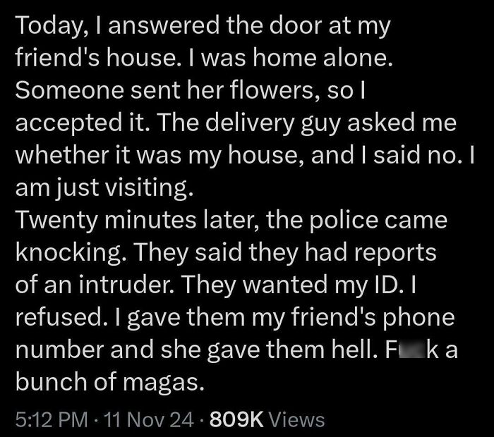 Text post about a police intrusion incident, one of the outrageous lies people tried to pass off as real.