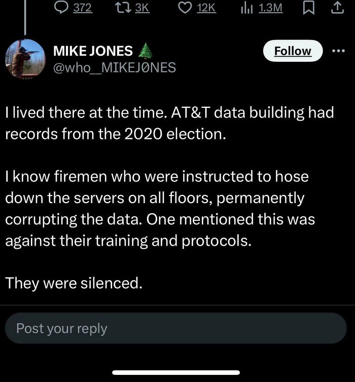 Tweet claiming AT&T data building had election records and firemen hosed servers, part of outrageous lies people tried to pass off.