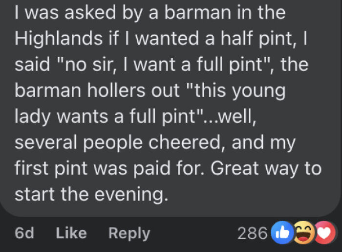 Text post sharing an outrageous lie about a barman cheering and people clapping in a bar setting.