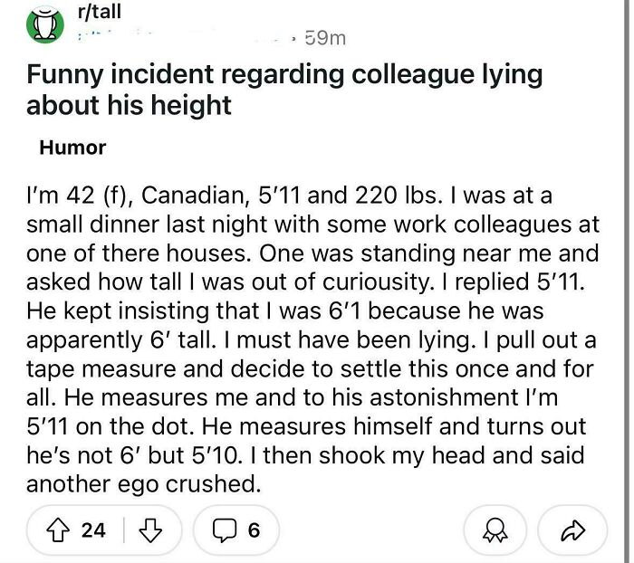Screenshot of a Reddit post about a funny incident involving a colleague lying about his height and ego crushed.