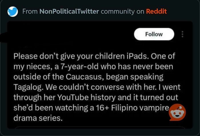 Screenshot of a Reddit post sharing an outrageous lie from the community about a child speaking Tagalog.