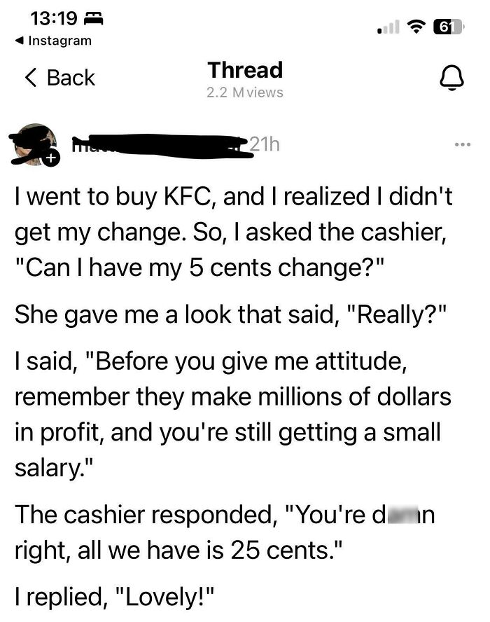 Screenshot of a funny social media thread showing an outrageous lie people tried to pass off as real with a KFC change story.