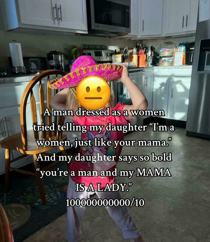 Child in a pink sombrero in a kitchen, caption about outrageous lies people tried to pass off as real moments.