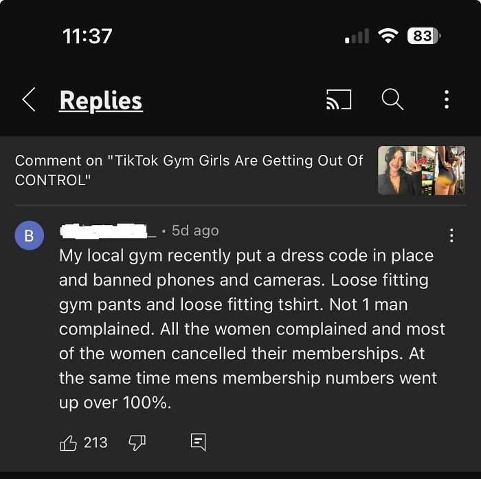 Screenshot of a social media comment about gym dress codes and membership changes, highlighting outrageous lies.