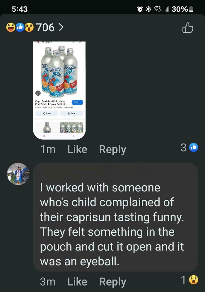 Screenshot of a social media comment sharing an outrageous lie about finding an eyeball in a Capri Sun pouch.
