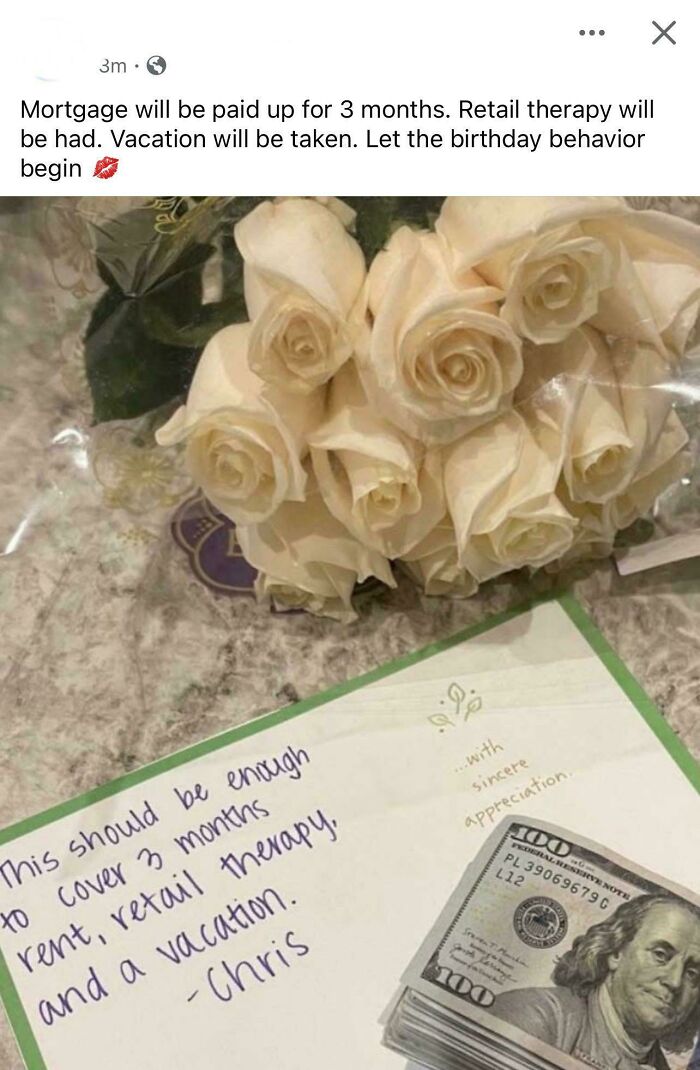 Bouquet of white roses with a card and stacked cash, illustrating outrageous lies people actually tried to pass off as real.