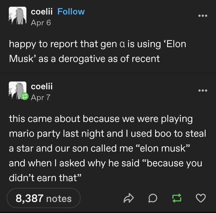 Social media post showing a humorous fake story involving Elon Musk in outrageous lies people tried to pass off as real.