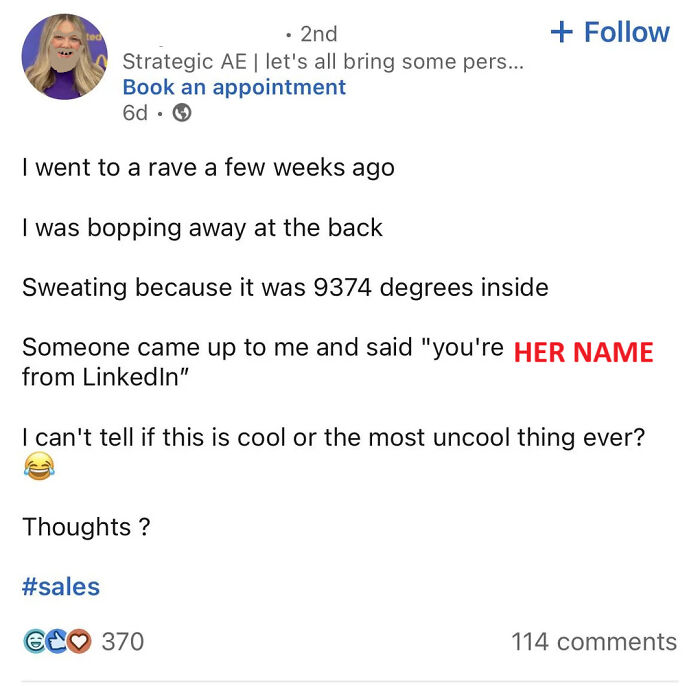 Social media post about a rave experience with outrageous lies people actually tried to pass off as real.