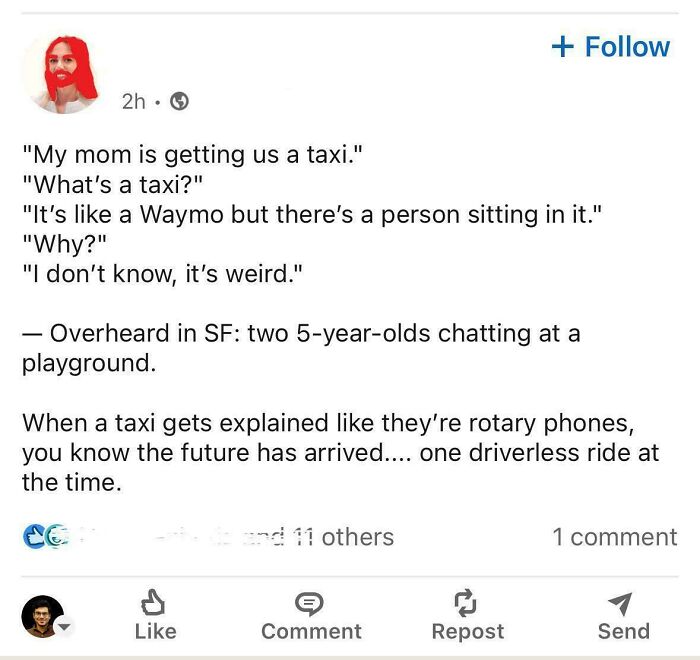 Screenshot of a social media post sharing an outrageous lie people tried to pass off as real about taxis and driverless rides.