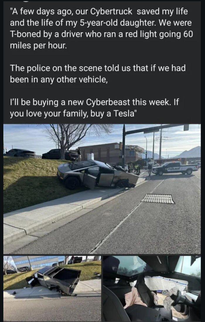 Crash scene with a damaged Cybertruck on a sidewalk and police responding, illustrating outrageous lies people tried to pass off as real.
