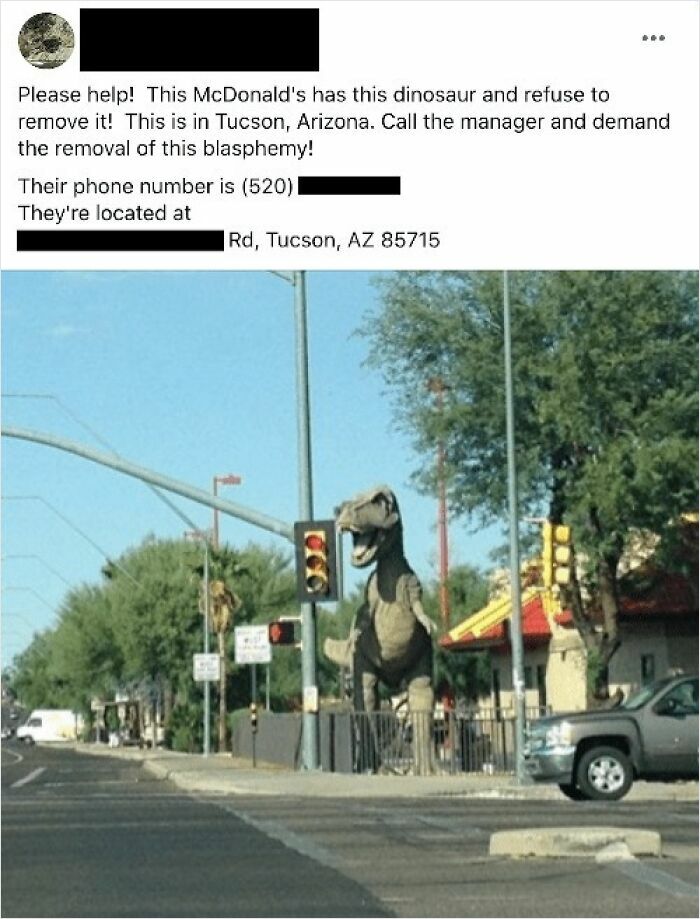 Dinosaur statue at a Tucson McDonald's with a person urging removal, highlighting ignorance of Americans humor.
