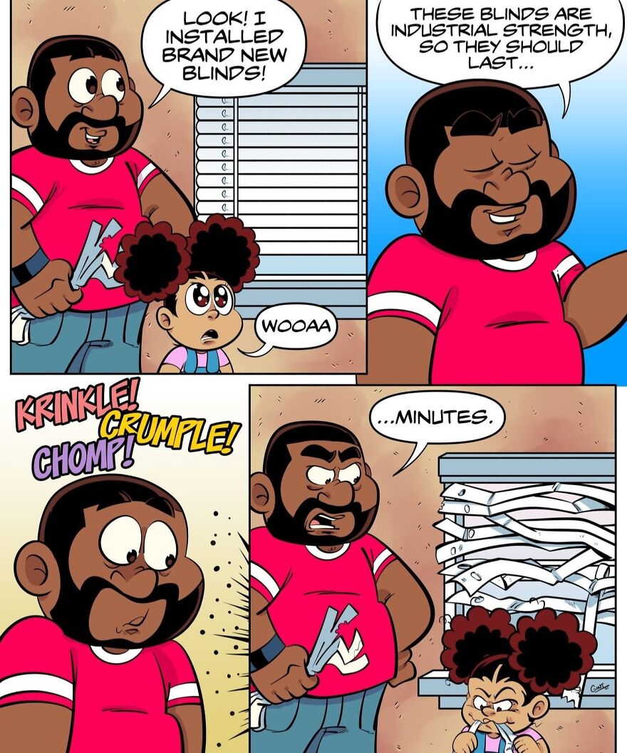 Stay-at-home parent comic shows dad installing blinds while child quickly destroys them in a humorous scene.