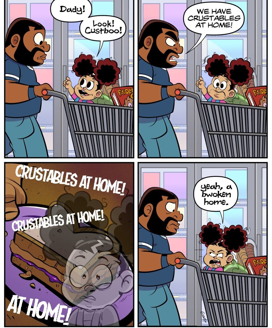 A stay-at-home parent and child in a grocery store, featuring a comic about crustables and family humor.