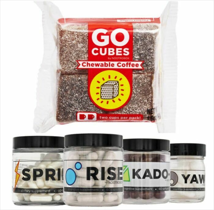 Chewable coffee cubes and various supplement bottles shown as examples of Shark Tank products that completely flopped.