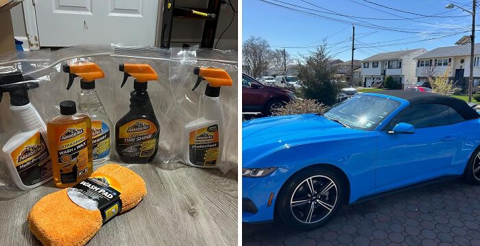 Car cleaning products and a blue convertible parked outside, illustrating practical car advice for maintenance and care.