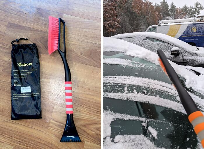 Ice scraper with brush and carrying bag on wooden floor next to a snowy car windshield being cleared outdoors.