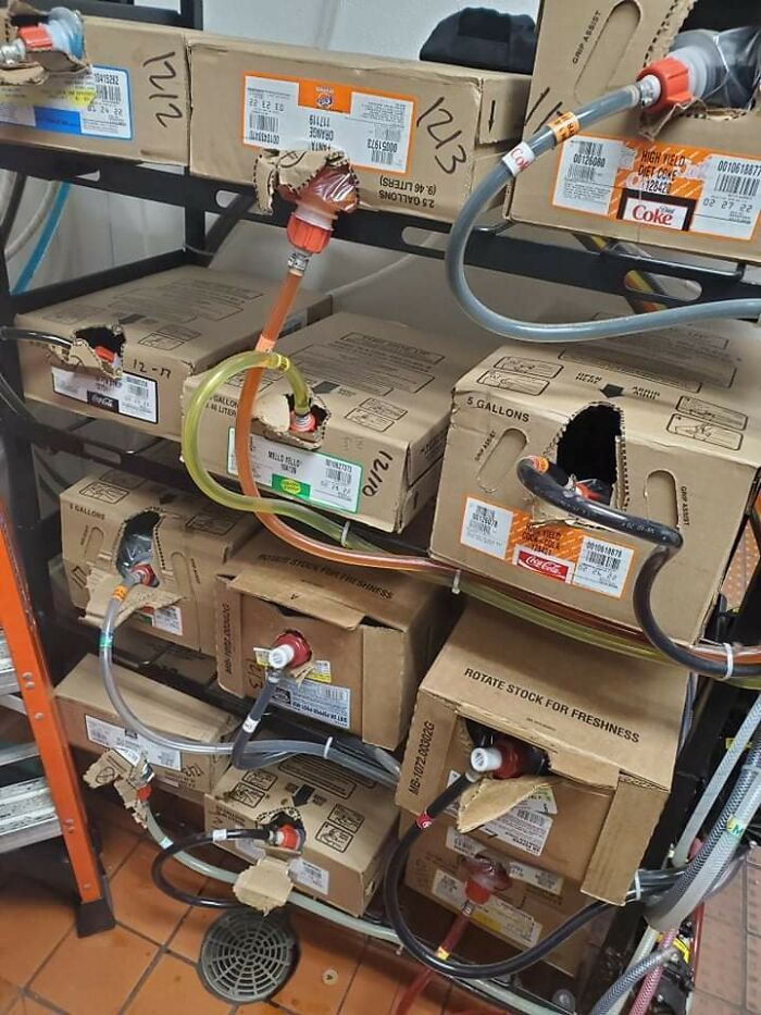 Cardboard boxes with beverage taps connected by tubes in a storage room showing alternate angles of iconic setups in history.