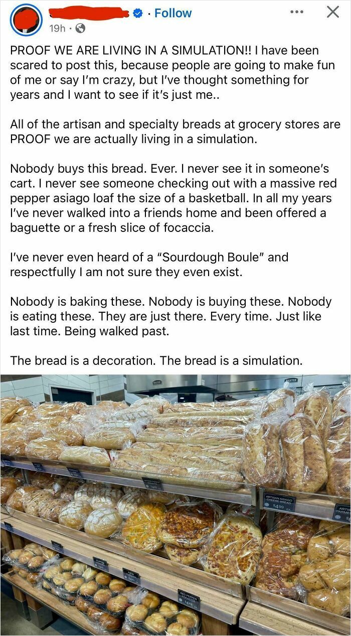 Grocery store shelves filled with artisan and specialty breads wrapped in plastic, highlighting American ignorance.