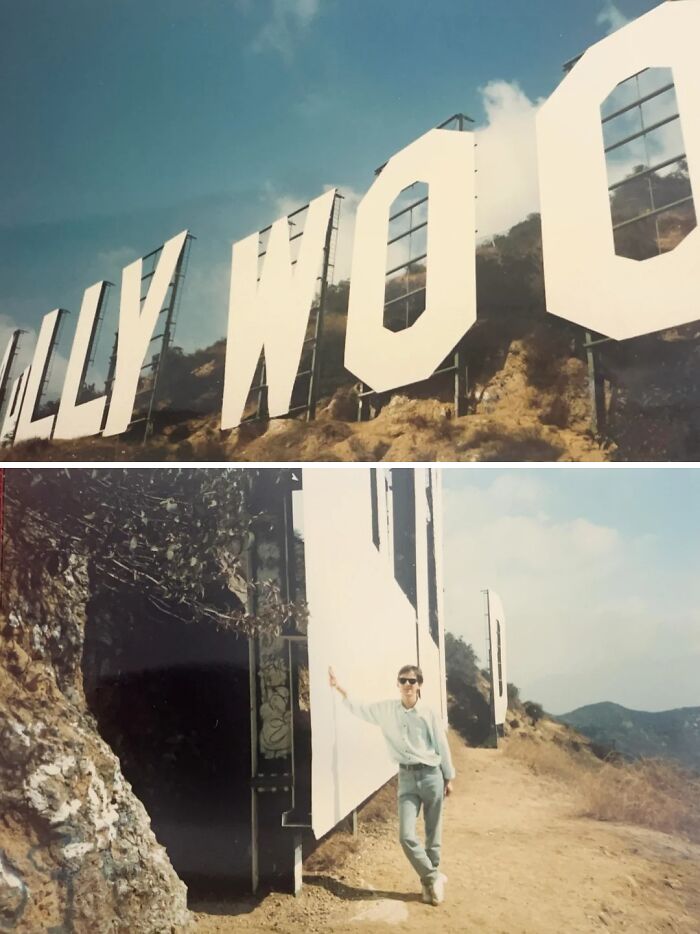 Alternate angles of the iconic Hollywood sign showing the back structure and a person standing behind the letters.