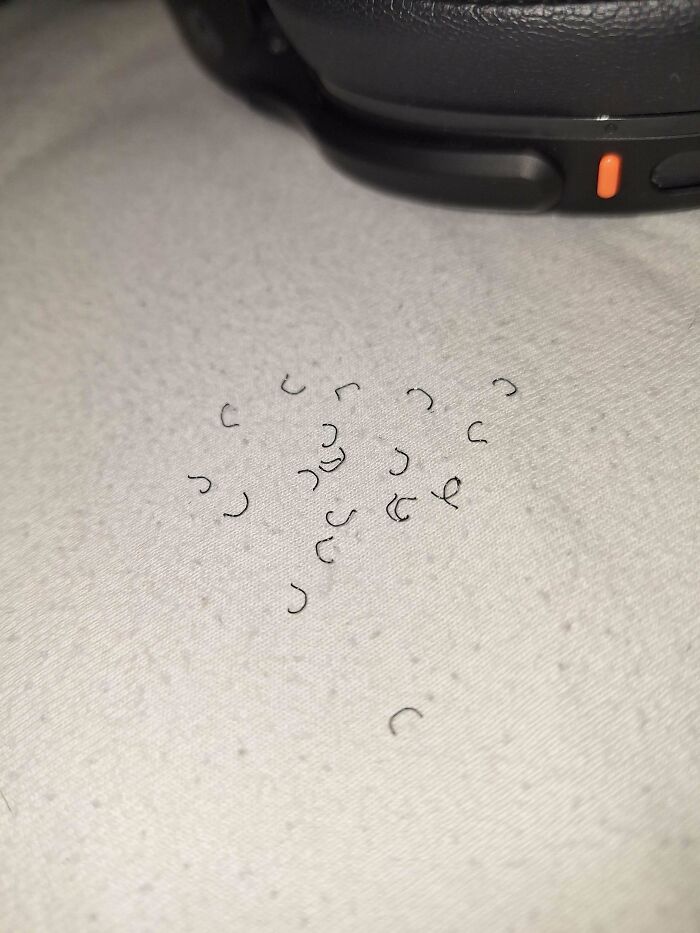 Small black curved mystery objects scattered on a light fabric surface near a black device, part of an online recognition group.