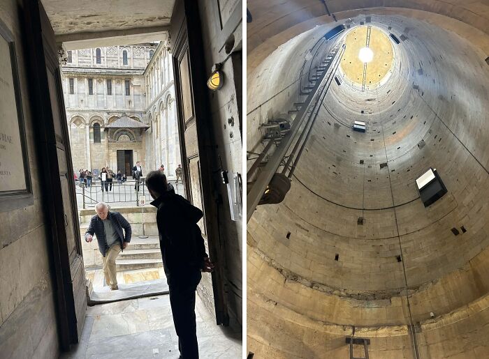 Alternate angles of a historic stone staircase and interior cylindrical structure with people exploring the site in history.