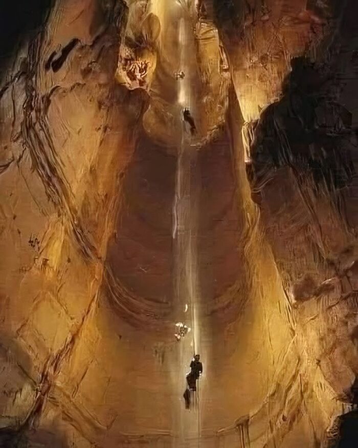 Explorers rappelling down a deep ancient cave inside an archaeological site with rugged rock formations and warm lighting.
