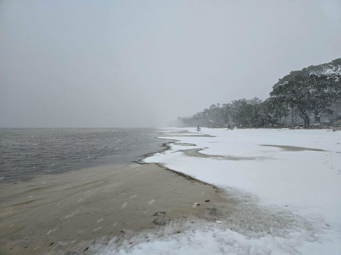 Snow-covered beach and trees along a misty shoreline captured as an alternate angle of an iconic place in history.