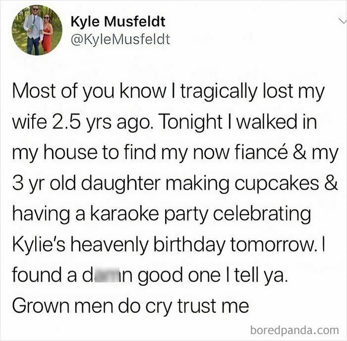 Wholesome meme showing a heartfelt story about love, loss, and family celebration with cupcakes and karaoke.