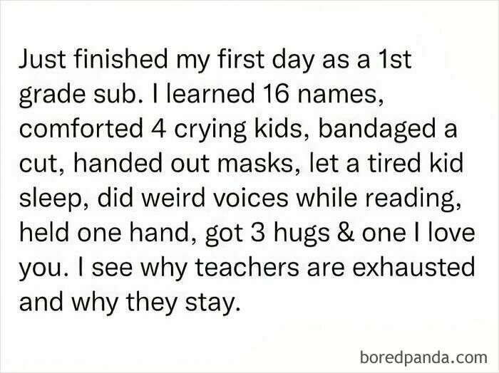 Text meme about a first day as a 1st grade sub sharing wholesome moments and feeling why teachers stay.