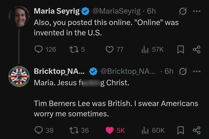 Screenshot of Twitter exchange highlighting ignorance of Americans about Tim Berners-Lee's British origin and internet history.