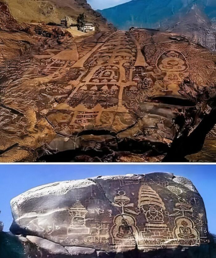 Ancient rock carvings and petroglyphs showcasing intricate designs in an archaeological site with mountain backdrop.