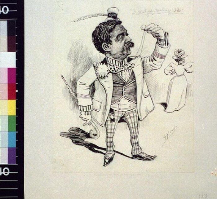 Black and white cartoon from the 1800s showing a man in a suit and top hat holding a puppet, reflecting historical humor.