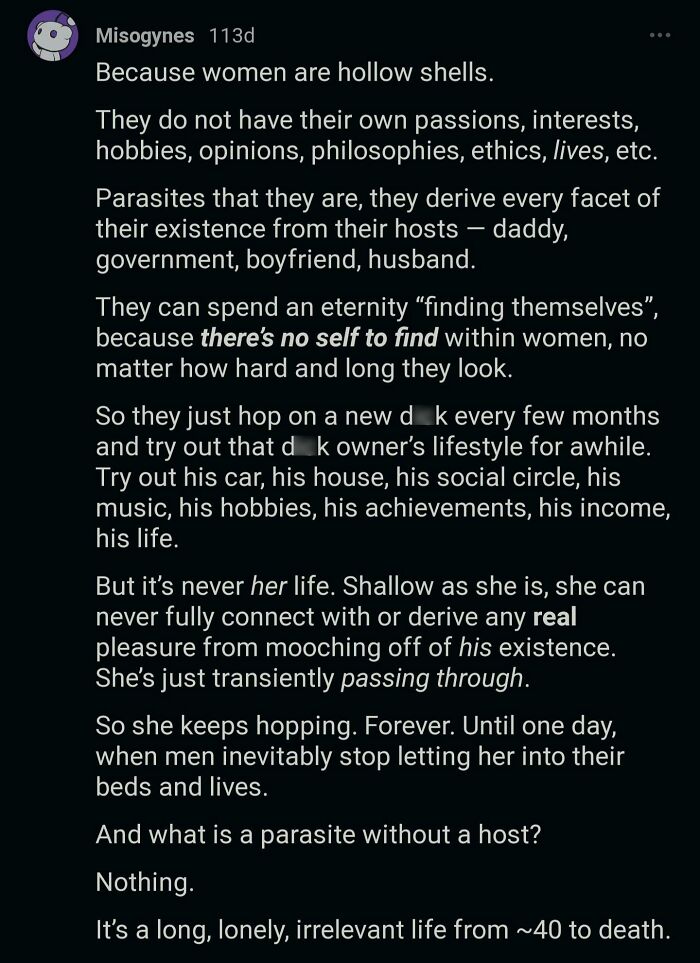 Screenshot of a misogynistic message illustrating extreme sexist views against women, reflecting toxic sexist behavior.