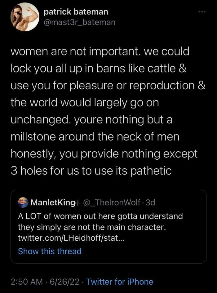 Screenshot of a sexist tweet showing extreme misogynistic views from a man promoting sexist behavior online.