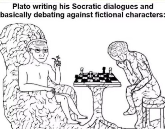 Cartoon of Plato debating fictional characters while playing chess, highlighting entertaining history class memes.