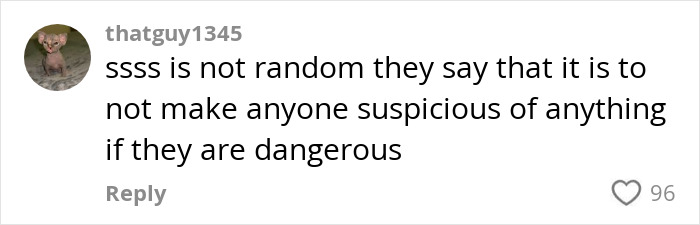 Comment explains the non-random nature of 'SSSS' code on plane tickets. Comment explains the non-random nature of 'SSSS' code on plane tickets.