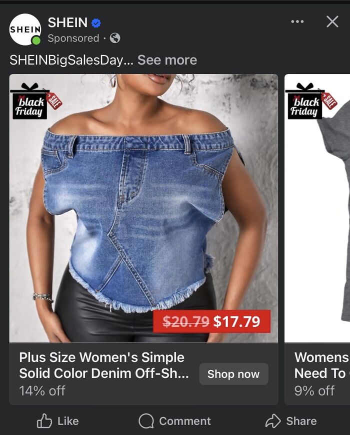Person wearing a controversial denim off-shoulder top, labeled a fashion crime, with a sale price tag.