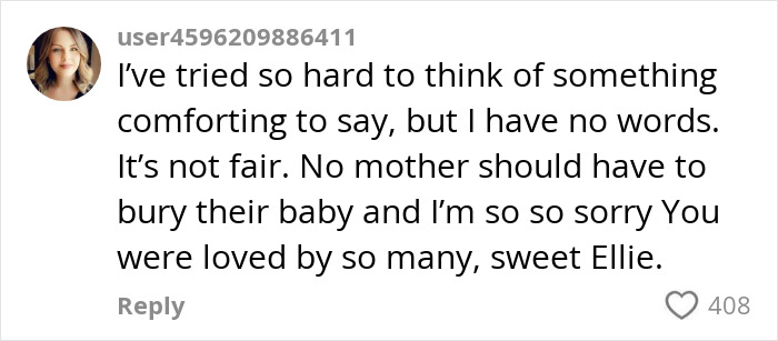 Comment expressing condolences for influencer's daughter passing at 10 months, gathering sympathy and support online.