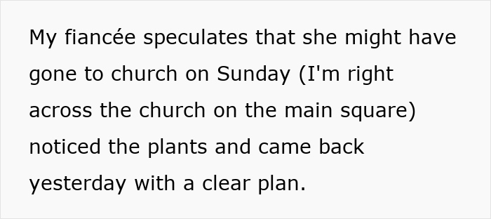 Text recounting fianc&eacute;e speculating a plant thief observed their plants near a church on Sunday, planning a future theft.