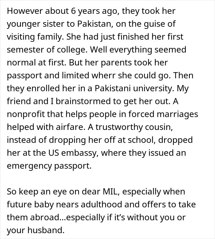 Text detailing a cautionary tale about a woman worried by her mother-in-law's baby comment, referencing passport control.