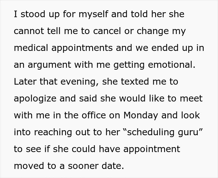 Text image about a canceled doctor's appointment and a later apology text from the boss.