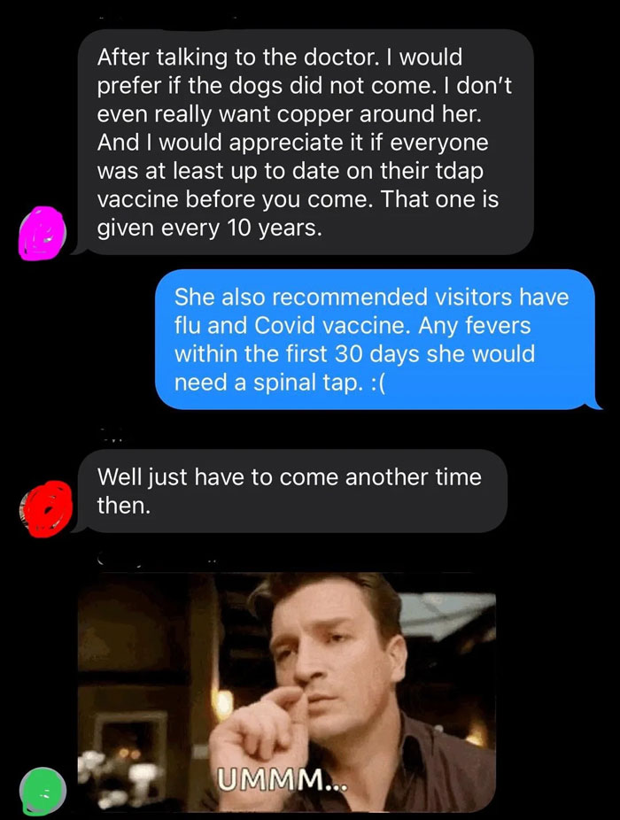 Text messages about vaccine updates required for visiting a new baby, sparking a relatives' conversation. Text messages about vaccine updates required for visiting a new baby, sparking a relatives' conversation.