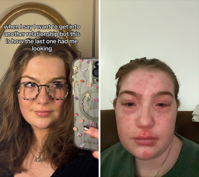 Person showing contrast between being single and in a relationship, featuring a makeup-enhanced look and a natural look.