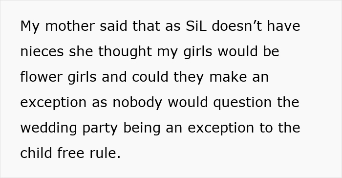 Text expressing surprise over the bride excluding groom's nieces as flower girls in a child-free wedding.