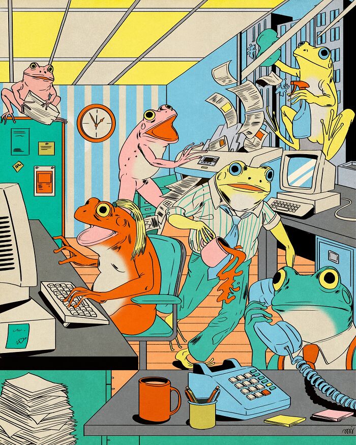 Vibrant illustration of frogs in an office setting, typing, talking on the phone, and spilling coffee.