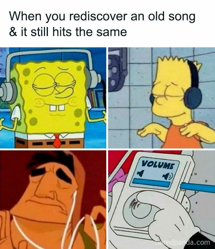Cartoon characters wearing headphones, enjoying old songs. Side-splitting meme capturing nostalgia.