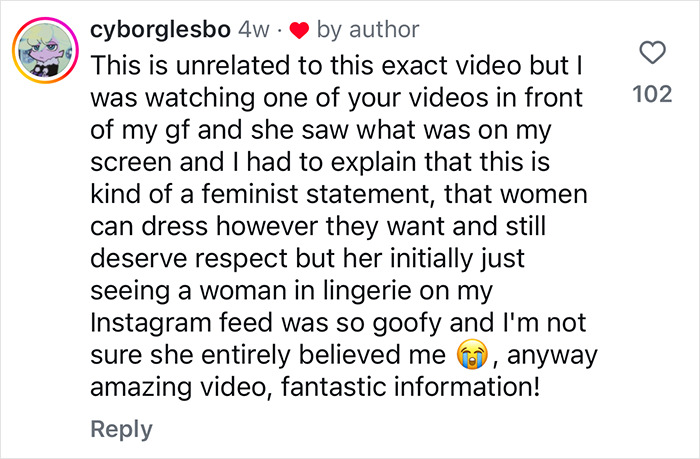 Instagram comment discussing viral neuroscientist's educational video approach, mentioning a feminist perspective. Instagram comment discussing viral neuroscientist's educational video approach, mentioning a feminist perspective.