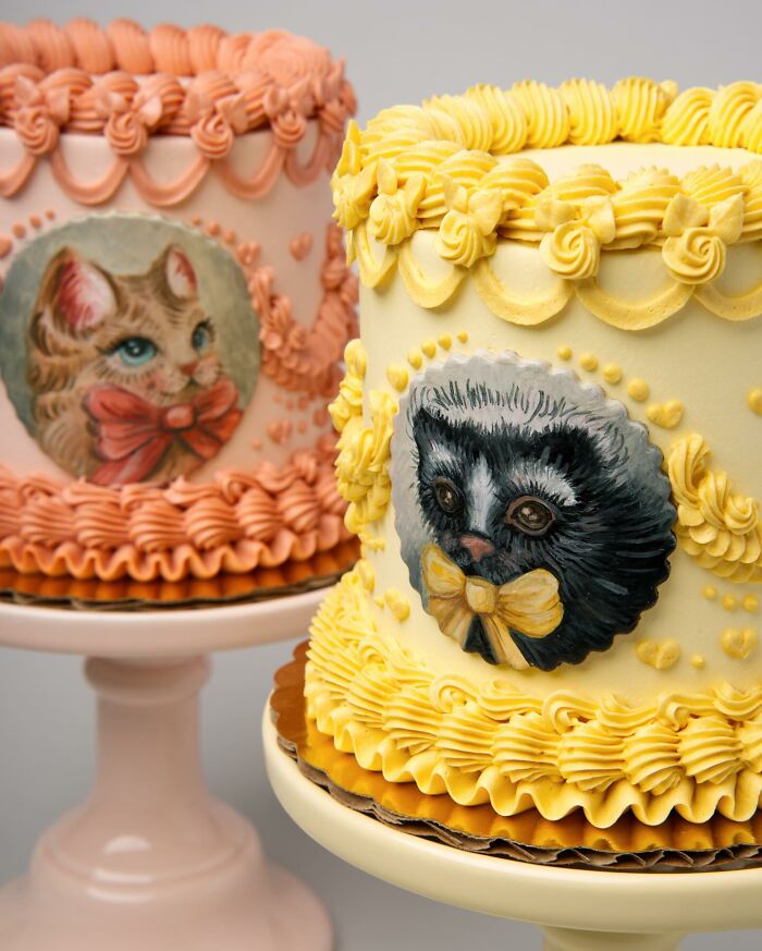 Two visually stunning cakes with animal portraits, featuring intricate icing designs in pink and yellow.